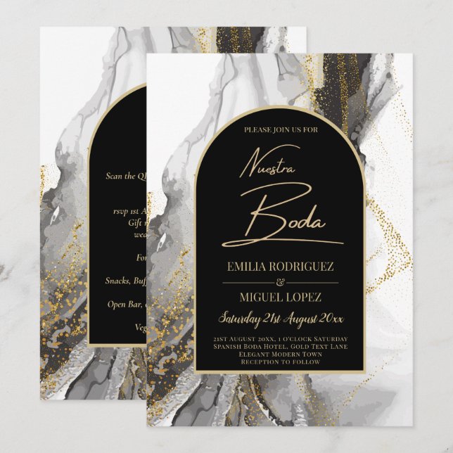 Artículo de boda negro y dorado, bilingüe invitation (Front/Back)