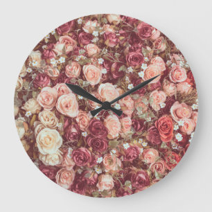 Artificial flowers, beautiful cloth background. large clock