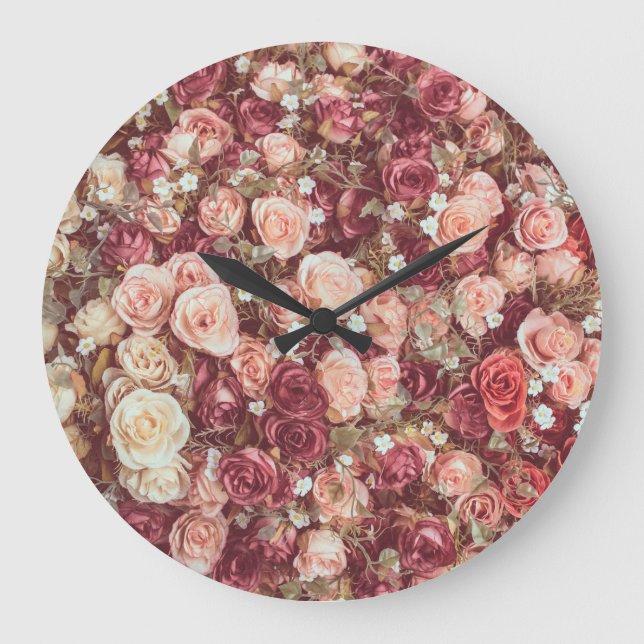 Artificial flowers, beautiful cloth background. large clock (Front)
