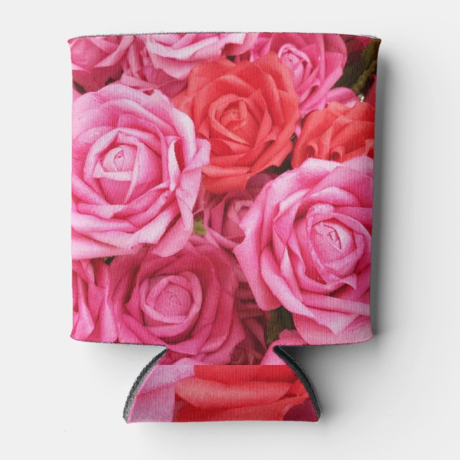 Artificial Red Rose Background Closeup Can Cooler (Front)