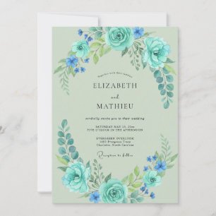 Artisan Aqua Mint Leafy Wedding Invitation