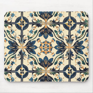 Artisan Blue and Gold Floral Motif Mouse Mat