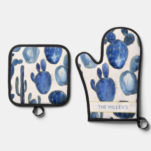 Artisan Blue Gold Cactus Desert NAME Watercolors Oven Mitt & Pot Holder Set