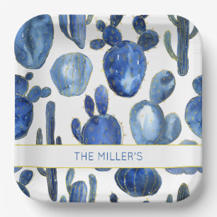 Artisan Blue Gold Cactus Desert NAME Watercolors Paper Plate