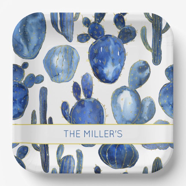 Artisan Blue Gold Cactus Desert NAME Watercolors Paper Plate (Front)