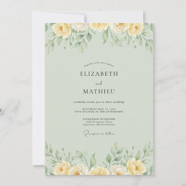 Artisan Butter Celadon Peony Wedding Invitation (Front)
