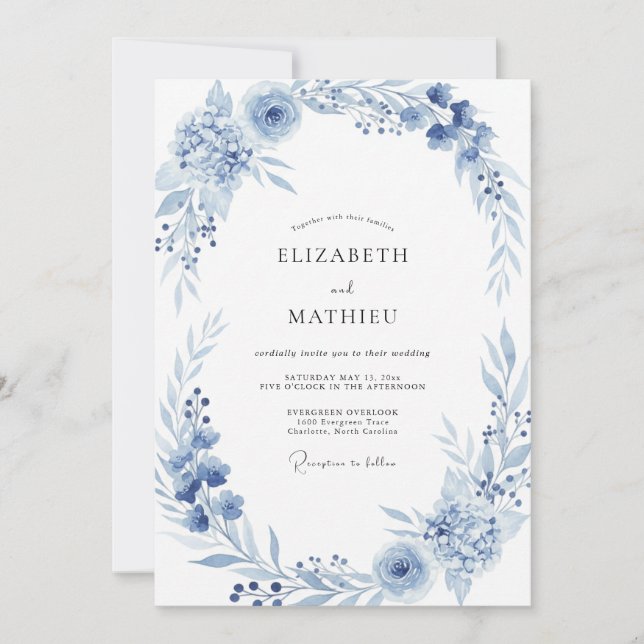 Artisan Cornflower Slate Blossom Wedding Invitation (Front)