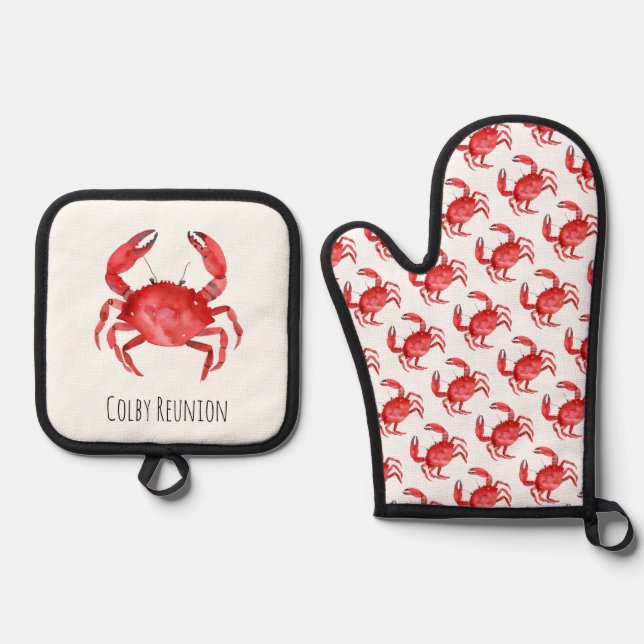 Artisan Red Crab Reunion NAME Coastal Fun Oven Mitt & Pot Holder Set (Front)