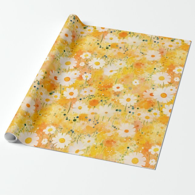 Artisan Wildflowers Yellow Orange Happy Daisies Wrapping Paper (Unrolled)