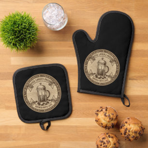 Artisanal French Press Coffee Vintage "Brewed Oven Mitt & Pot Holder Set