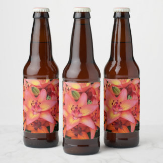 Artisitc Coral Coloured Garden Lilies Beer Bottle Label