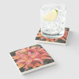 Artisitc Coral Coloured Garden Lilies Stone Coaster