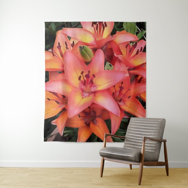 Artisitc Coral Coloured Garden Lilies Tapestry (In Situ)