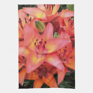 Artisitc Coral Coloured Garden Lilies Tea Towel