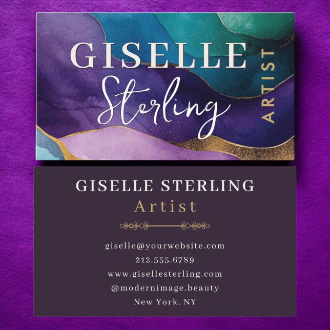 Artist Abstract Purple Gold Wavy Watercolor  Business Card (Creator Uploaded)