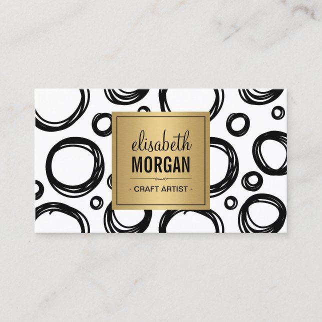 Artist Abstract Sketch Circles and Gold Name Logo Business Card (Front)