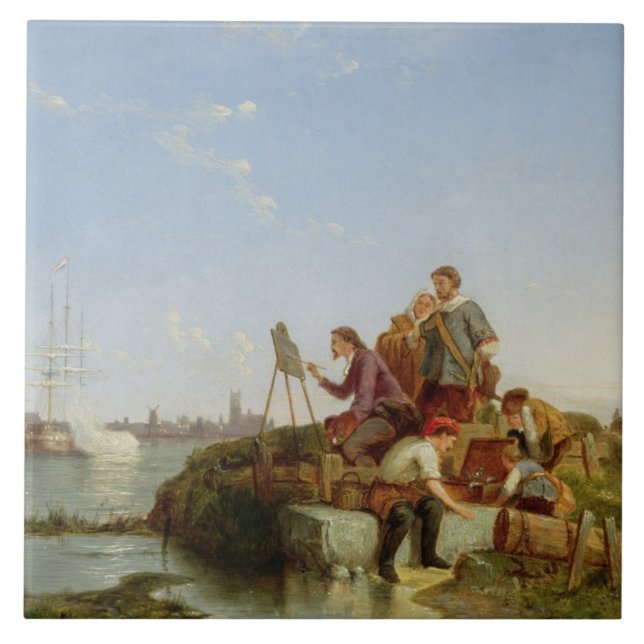 Artist at his Easel and Shipping beyond, 1894 (oil Tile (Front)