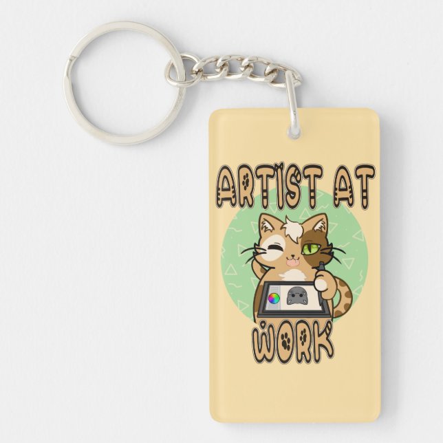 Artist at work - cute cat design key ring (Front)