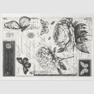 Artist Black White Large Vintage Floral Decoupage  Tissue Paper