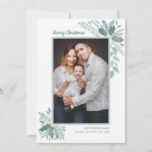 Artist created watercolor greenery photo holiday card