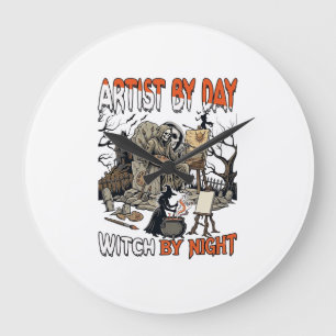 Artist Day Witch Night Halloween Skeleton Painter Large Clock