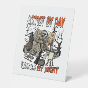 Artist Day Witch Night Halloween Skeleton Painter Pedestal Sign