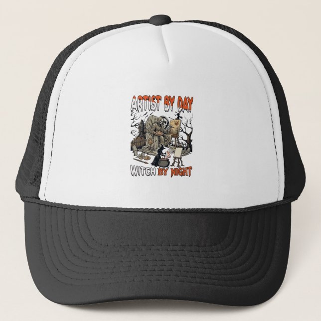 Artist Day Witch Night Halloween Skeleton Painter  Trucker Hat (Front)