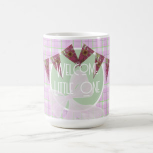 Artist designed pink bow and bunting on plaid coffee mug