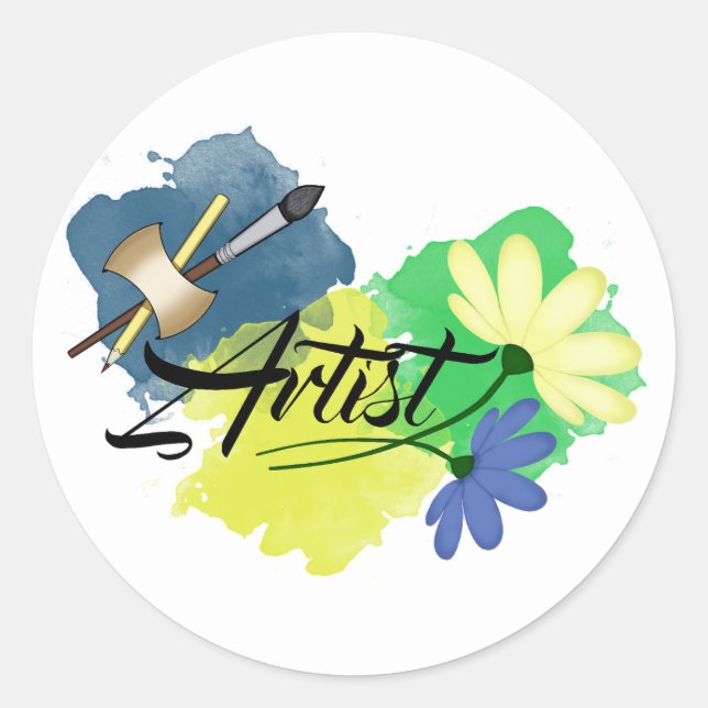 Artist. Drawing. Blue and yellow. Paint brush and  Classic Round Sticker (Front)