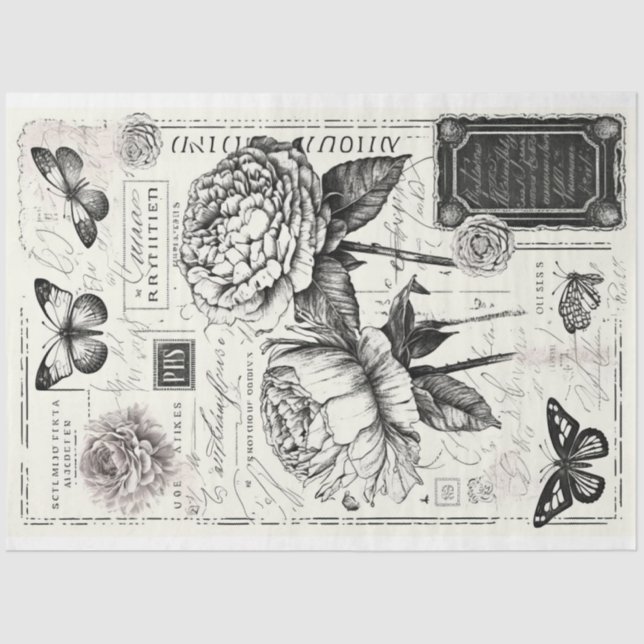 Artist Large Vintage Peony Butterfly Decoupage Tissue Paper (Front)
