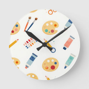 Artist Paint Tools Pattern Cute Watercolor Round Clock