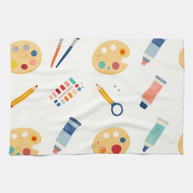 Artist Paint Tools Pattern Cute Watercolor Tea Towel (Horizontal)