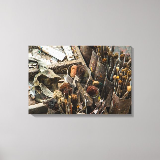 Artist Paintbrushes and Paint in Old Wooden Case Canvas Print (Front)