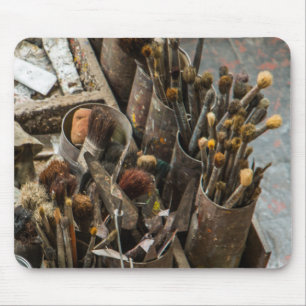 Artist Paintbrushes and Paint in Old Wooden Case Mouse Mat