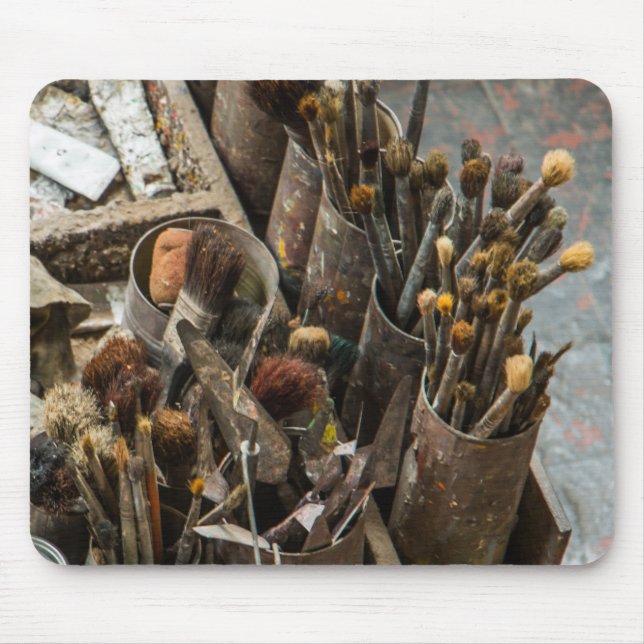 Artist Paintbrushes and Paint in Old Wooden Case Mouse Mat (Front)