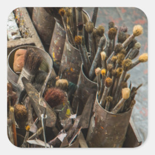 Artist Paintbrushes and Paint in Old Wooden Case Square Sticker