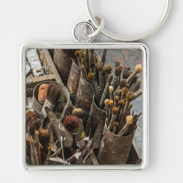 Artist Paintbrushes in Old Rusty Tin Cans Key Ring (Front)