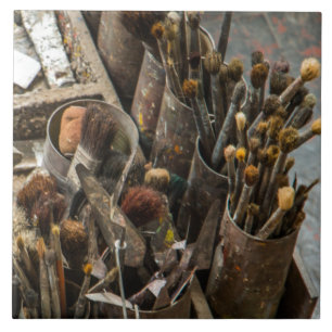 Artist Paintbrushes in Old Rusty Tin Cans Tile