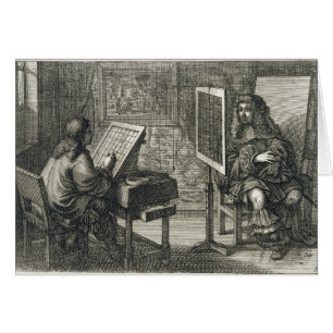 Artist painting a portrait over a grid for accurat