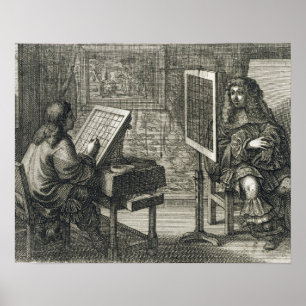 Artist painting a portrait over a grid for accurat poster