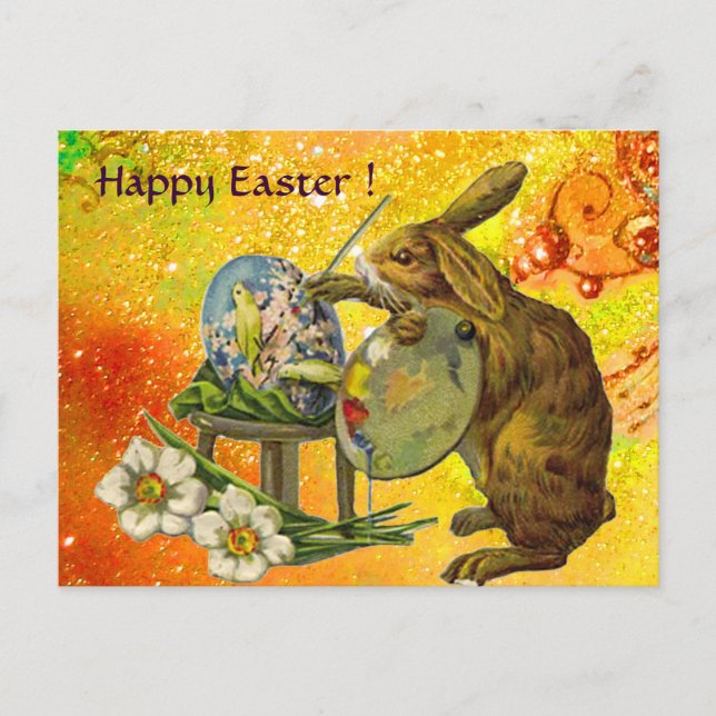 ARTIST RABBIT WITH PALETTE PAINTING EASTER EGGS HOLIDAY POSTCARD (Front)