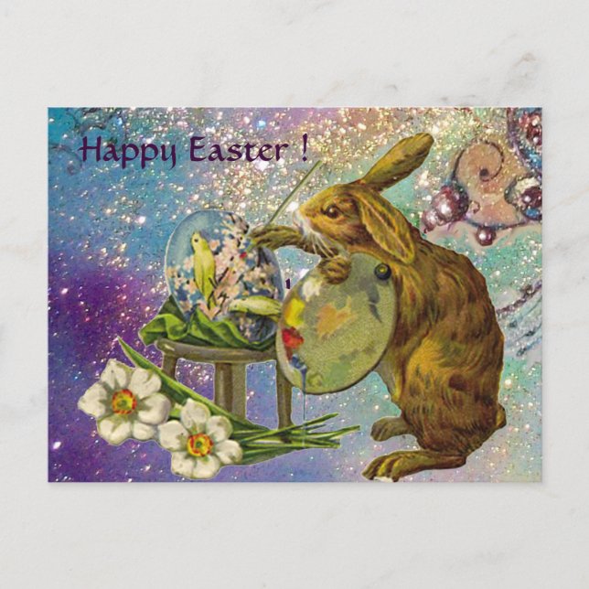 ARTIST RABBIT WITH PALETTE PAINTING EASTER EGGS HOLIDAY POSTCARD (Front)