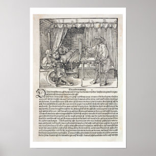 Artist using Durer's drawing machine to paint a fi Poster