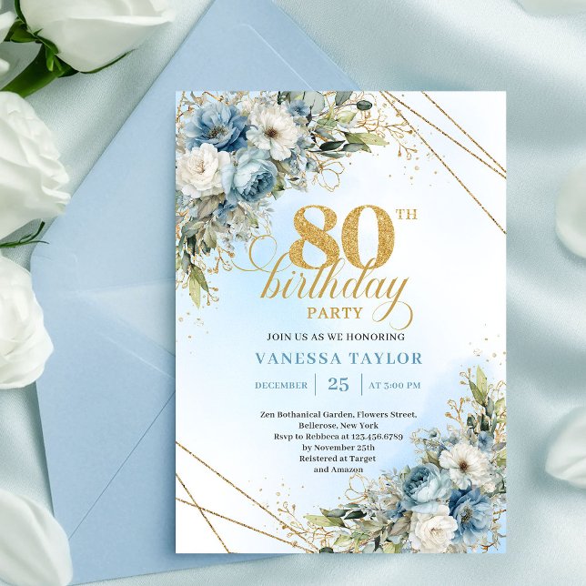 Artistic 80th Birthday Invite Dusty Blue Flowers   (Artistic 80th Birthday Invite Dusty Blue Flowers Gold)