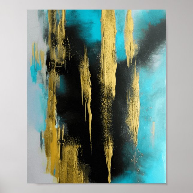 Artistic Abstract Art in Turquoise, Gold and Black Poster (Front)
