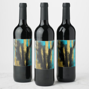 Artistic Abstract Art in Turquoise, Gold and Black Wine Label