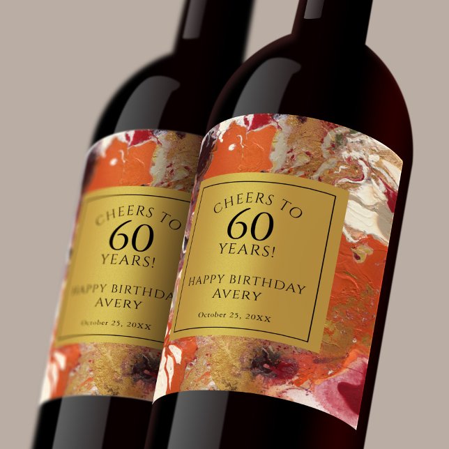 Artistic Abstract Boho Colourful 60th Birthday Wine Label (Personalize this wine label for a special milestone birthday party!)