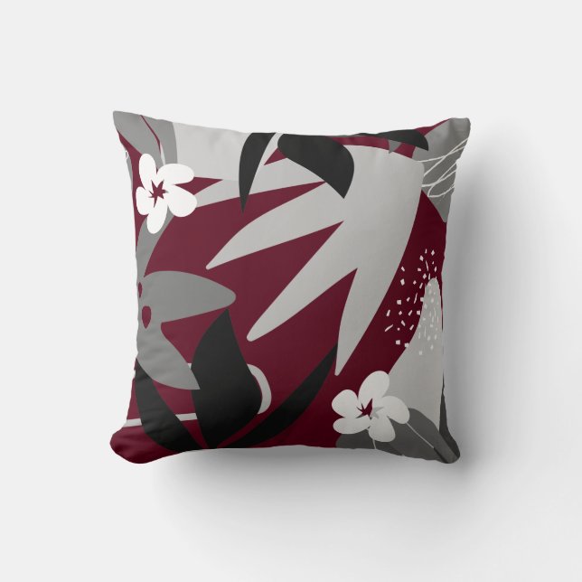 Artistic Abstract Botanical | Burgundy & Grey Cushion (Front)