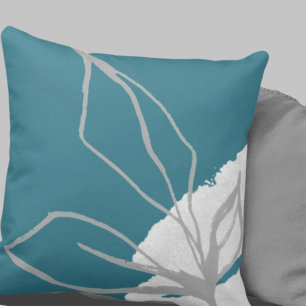 Artistic Abstract Leaves   Turquoise Grey & White Cushion