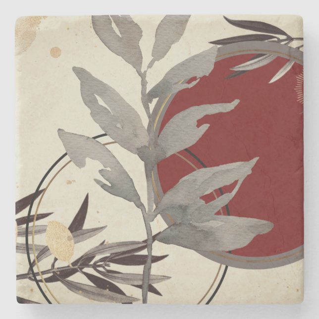 Artistic Abstract Zen Watercolor Leaf | Burgundy Stone Coaster (Front)
